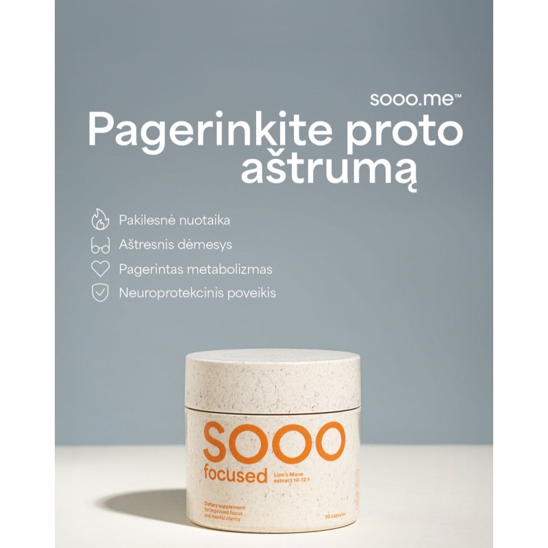 SOOO focused: Lion’s Mane ekstraktas 10-12:1 (papildymas), 90 kapsulių