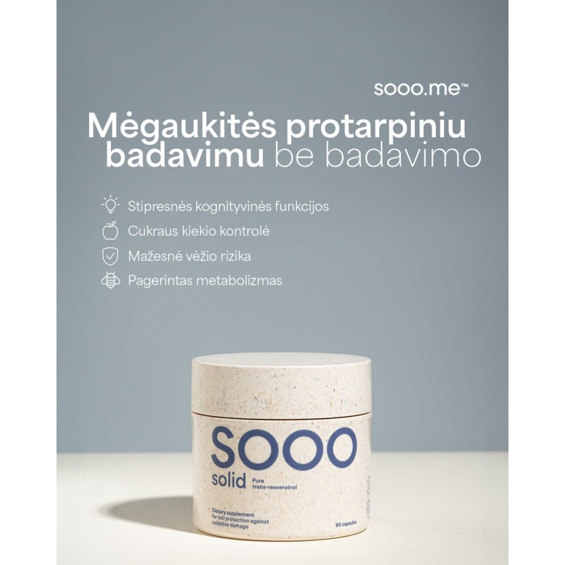 SOOO solid: 99.83% grynumo Trans-resveratrolis (papildymas), 90 kapsulių