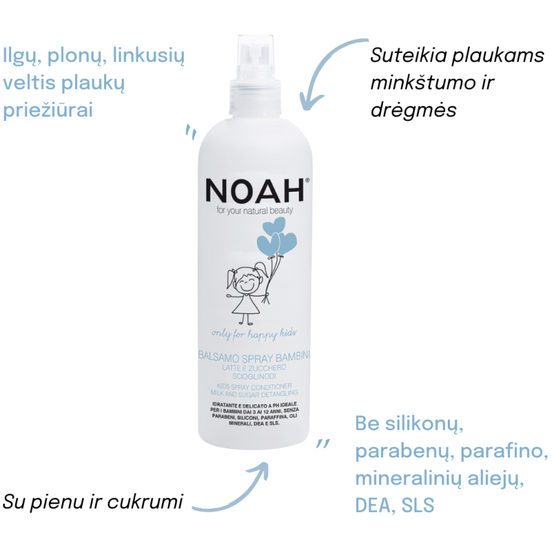 Kids Spray Conditioner Vaikiškas balzamas plaukams su pienu ir cukrumi, 250 ml 