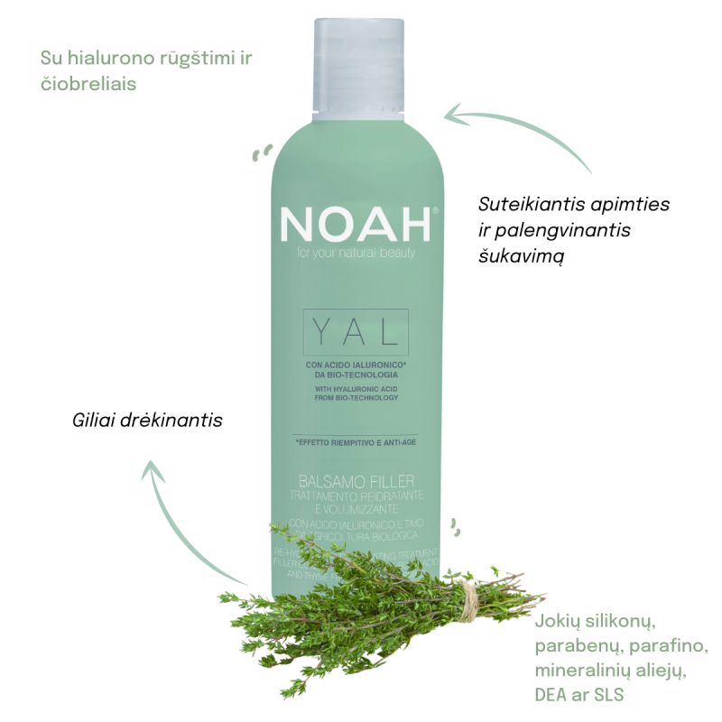 YAL Rehydrating & Volumizing Filler Conditioner Drėkinantis balzamas su hialurono rūgštimi ir čiobreliais, 250ml